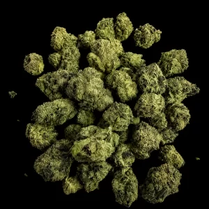 Berry Sunday cannabis flower on a black background.