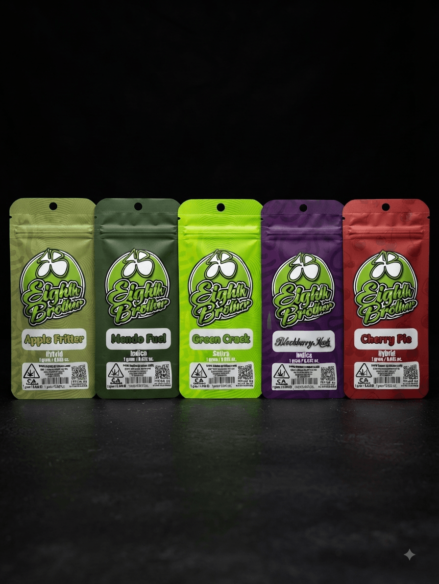 Eighth Brother Disposable Vapes (1g) 5 packages on a black background.