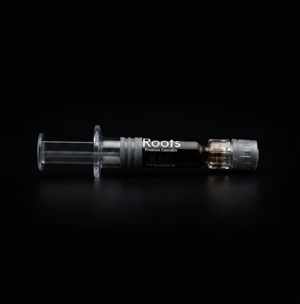RSO syringe on a black background.