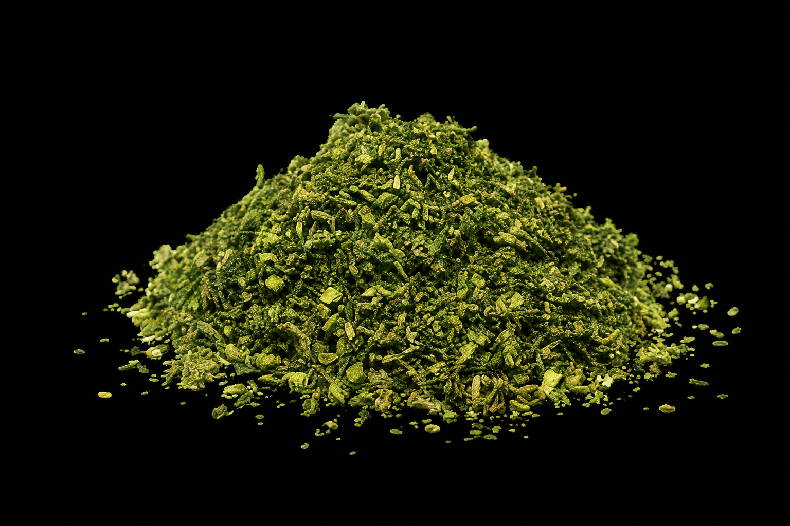 A pile of trimmed cannabis shake on a black background.