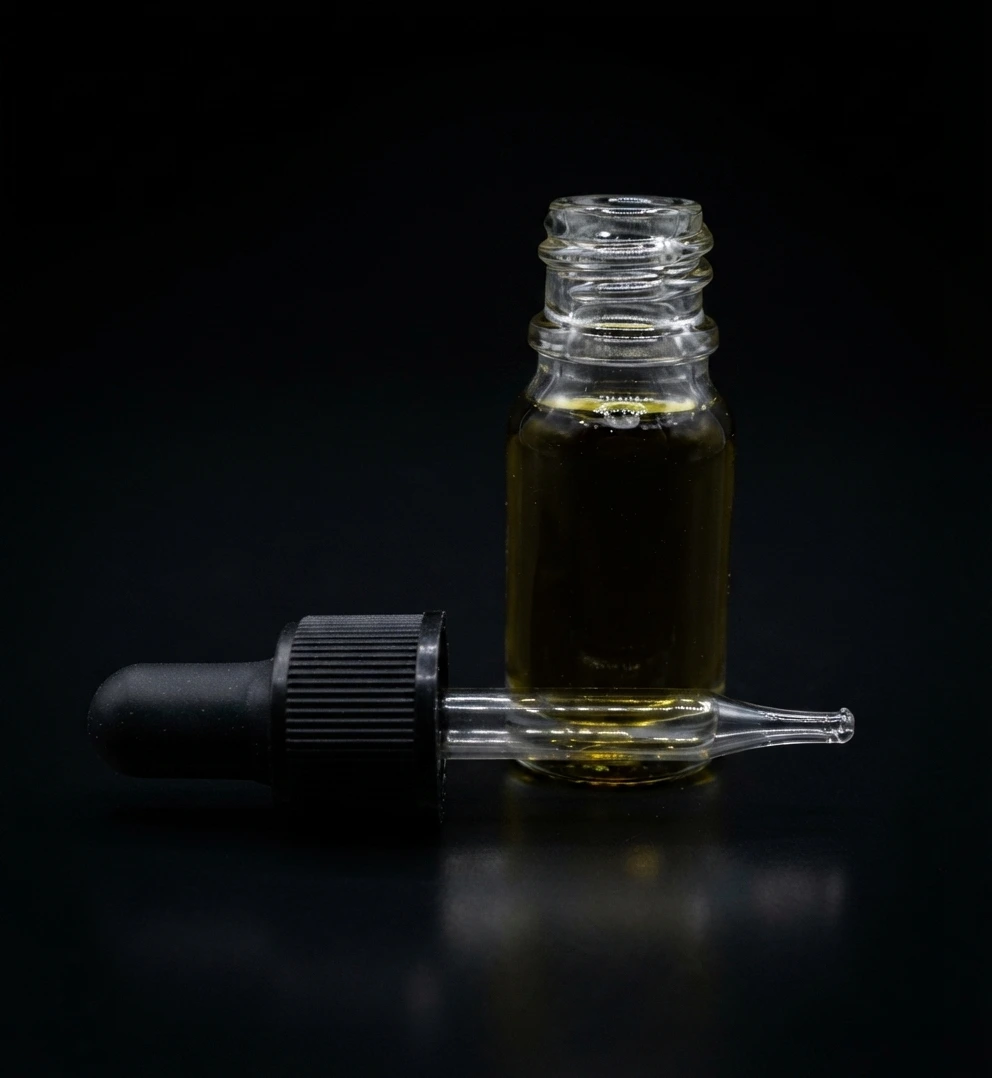 THC bottle on a black background.