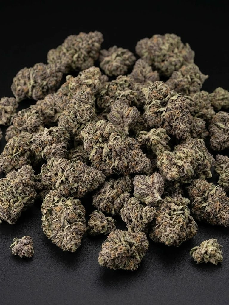 Blueberry Blue Dream cannabis flower on a black bg.