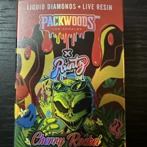 Packwoods X Runtz disposable vape box on a black surface.