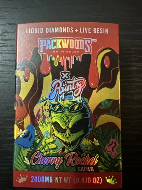 Packwoods X Runtz disposable vape box on a black surface.