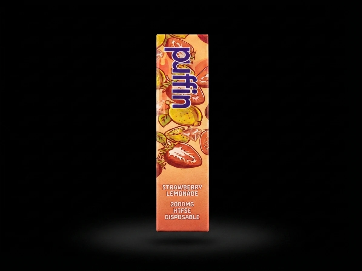 Puffin Disposable Vape box on a black background.