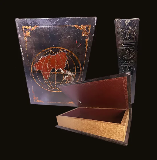 Vintage World Atlas Book-Style Stash Box on a black bg